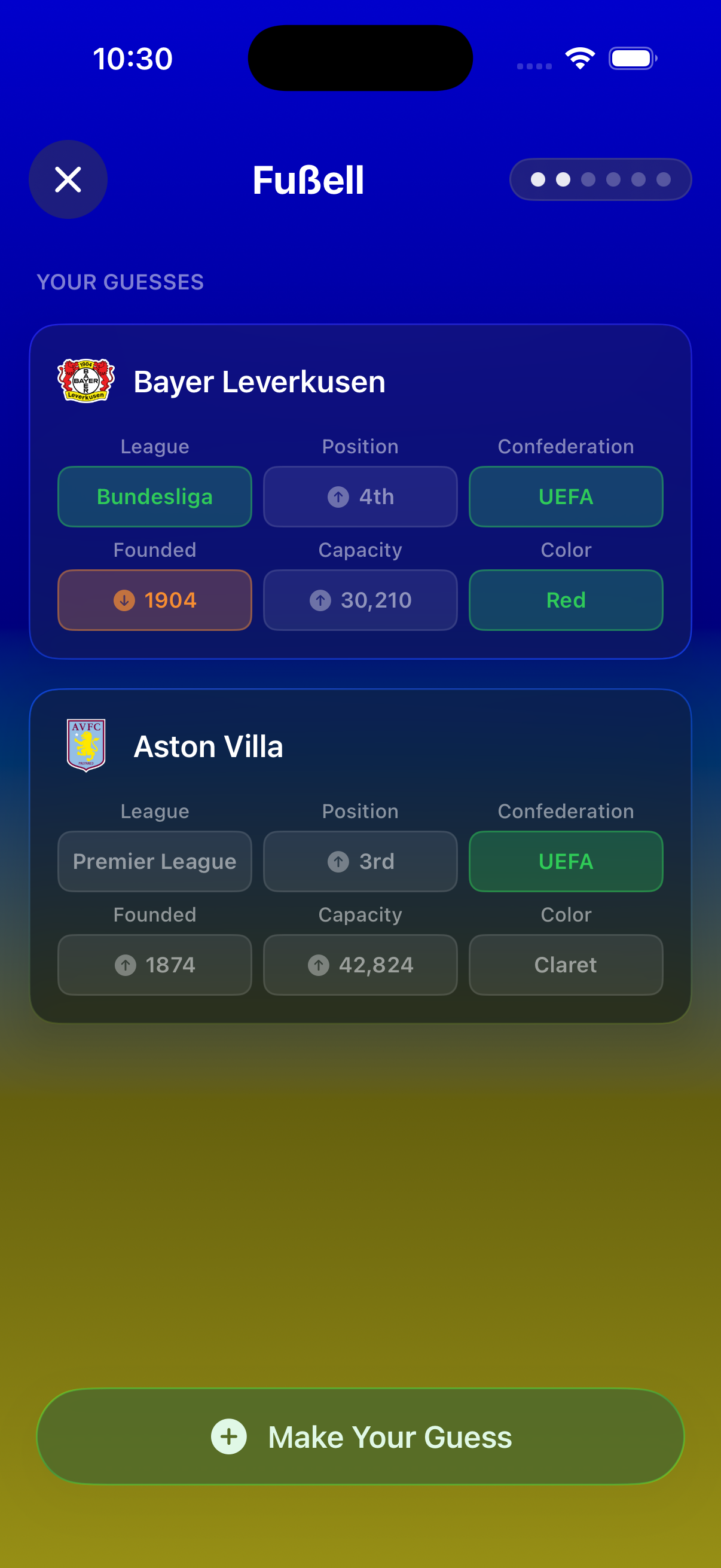 Fußell puzzle gameplay showing team comparison cards